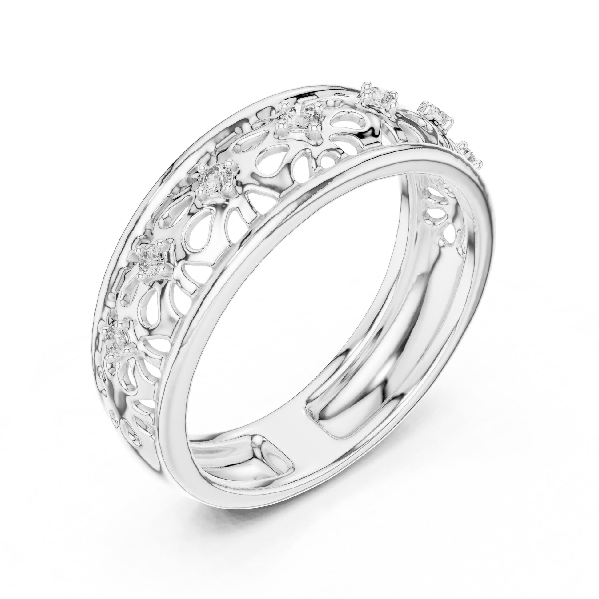 Riora vintage floral moissanite wedding band in rose gold with delicate diamond-style detailing, perfect for bridal stacking.