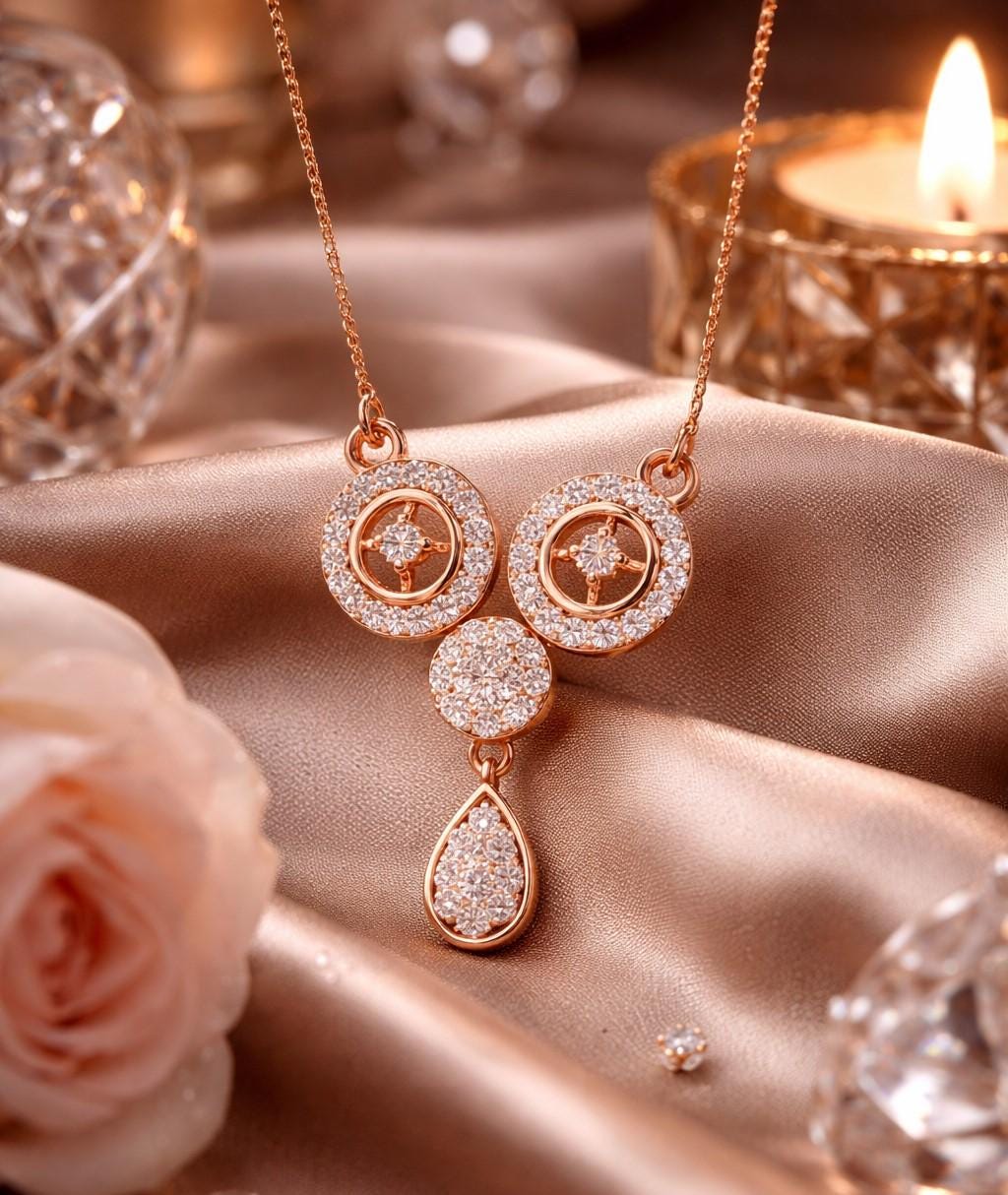 Riora moissanite circle drop necklace with gold, rose, and silver pendant, minimalist bridal jewelry, dainty wedding gift piece