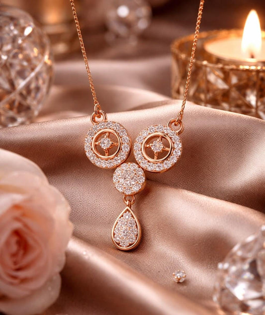 Riora moissanite circle drop necklace with gold, rose, and silver pendant, minimalist bridal jewelry, dainty wedding gift piece