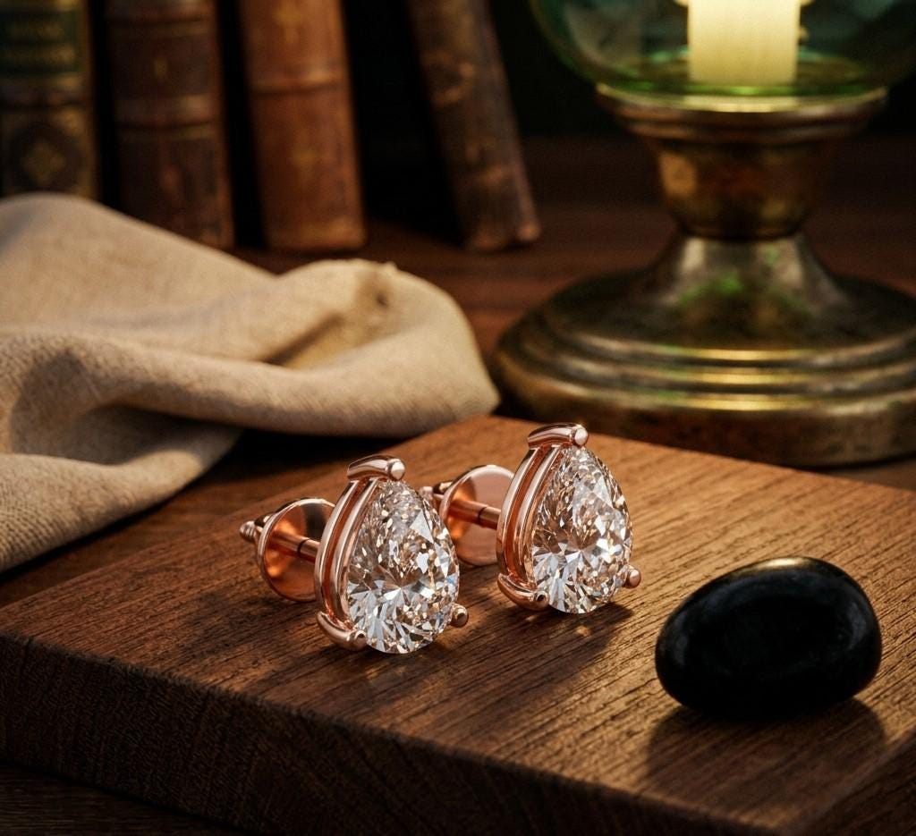 Pear cut moissanite diamond stud earrings in rose gold with minimalist teardrop design, perfect for bridal or wedding jewelry.