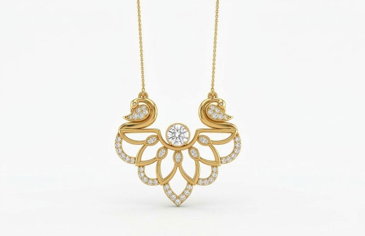 Elegant swan-shaped moissanite necklace by Riora featuring rose gold and silver, romantic bridal jewelry pendant.