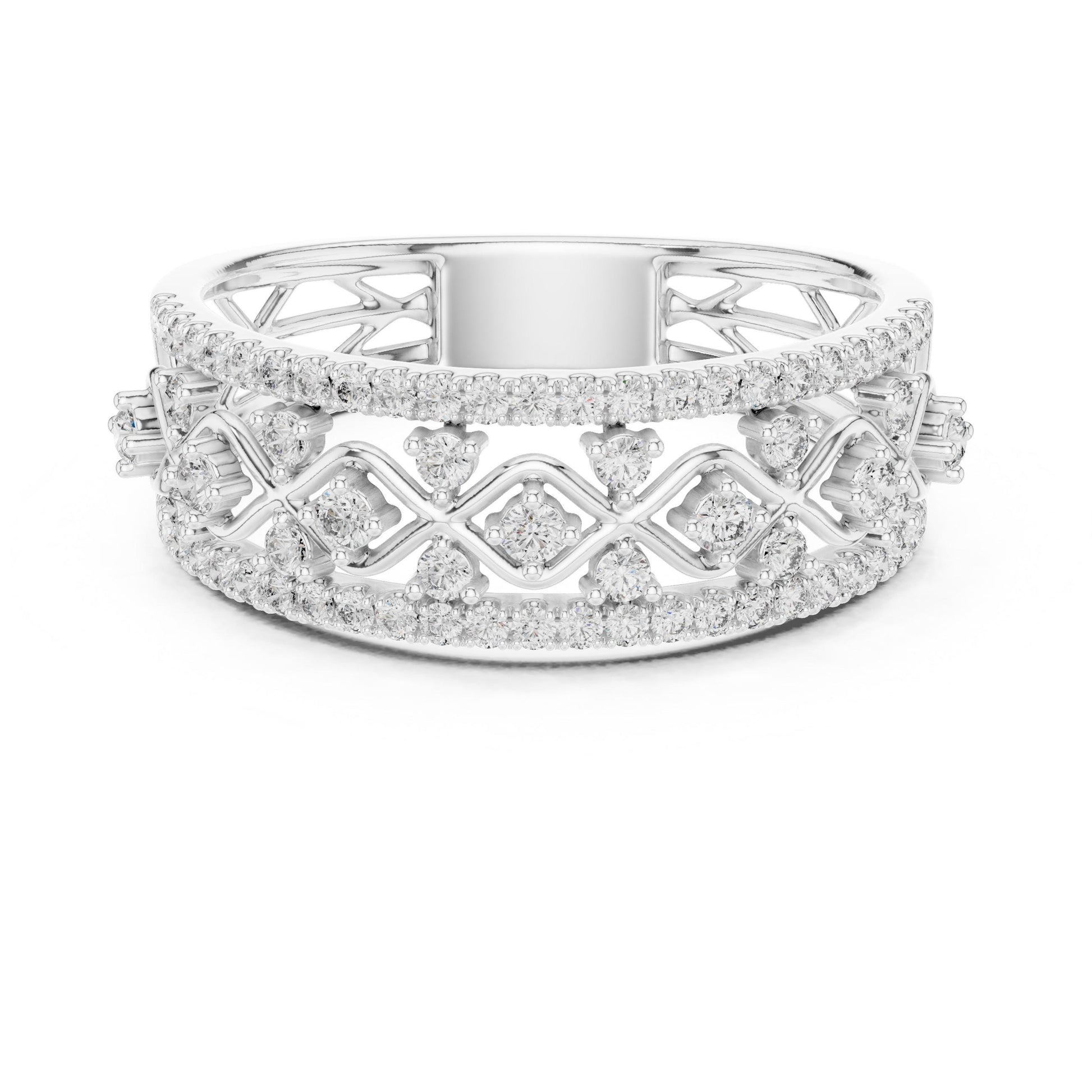 Riora moissanite diamond eternity band with vintage lattice design in rose gold and silver, perfect for wedding or anniversary jewelry.