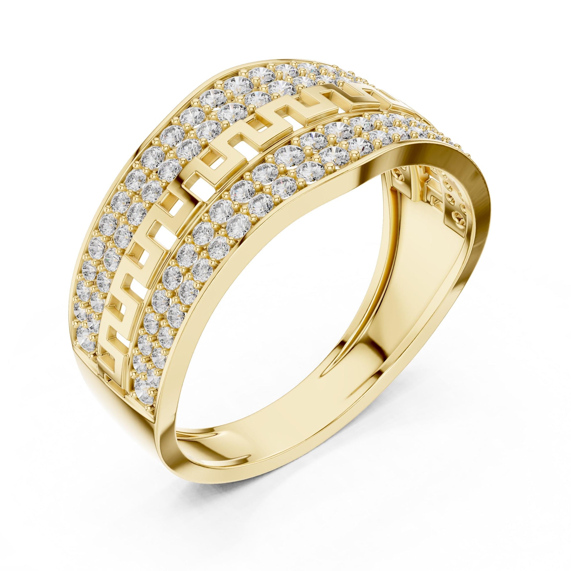 Riora wide CZ Greek band ring in gold and silver, luxury statement jewelry for women, perfect for anniversaries and Valentine's Day