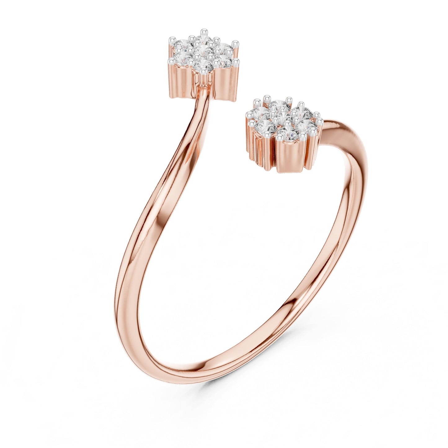 Riora Moissanite open bypass ring with double cluster floral halo design in gold and rose gold, showcasing sparkling gemstone details.