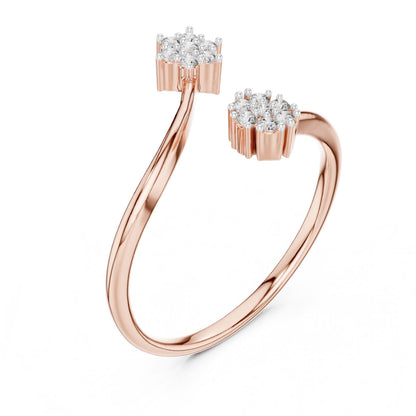 Riora Moissanite open bypass ring with double cluster floral halo design in gold and rose gold, showcasing sparkling gemstone details.