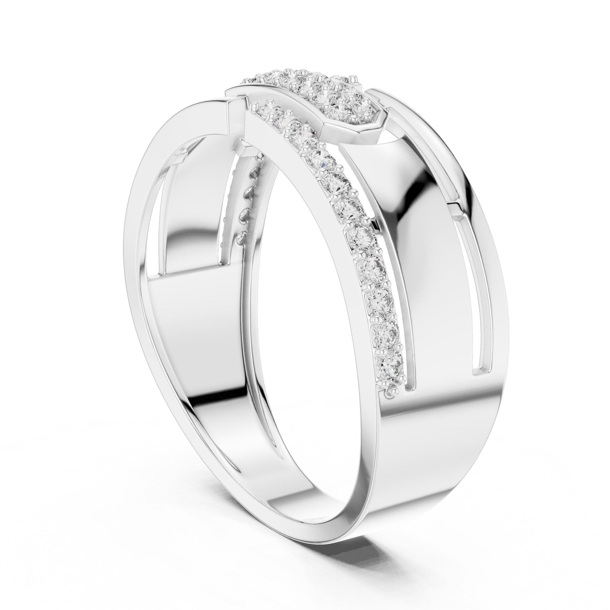 Riora luxury CZ link band ring in gold rose and silver, hypoallergenic statement ring with sparkling CZ stones on a white background.