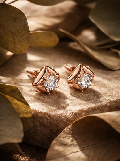 Riora moissanite diamond stud earrings in rose gold, gold, and silver with minimalist bridal design for wedding jewelry and gifts