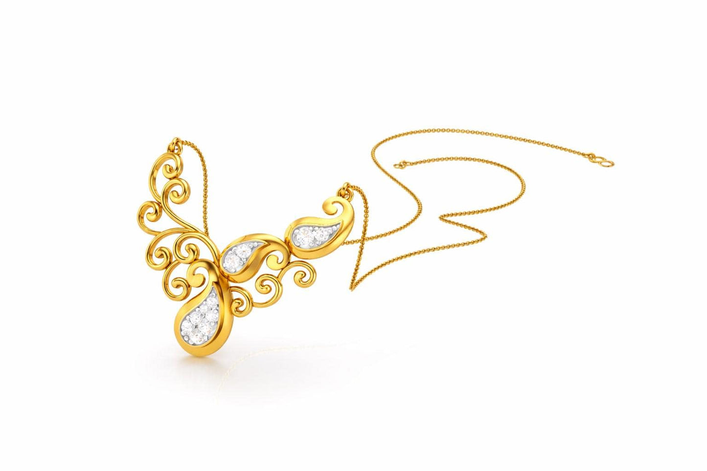 Riora moissanite scroll necklace with vintage-style pendant in rose gold, silver, and gold, ideal for bridal or statement jewelry.