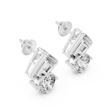 Riora geometric moissanite diamond stud earrings, 7mm round cut, minimalist silver jewelry, suitable for everyday wear or bridal.
