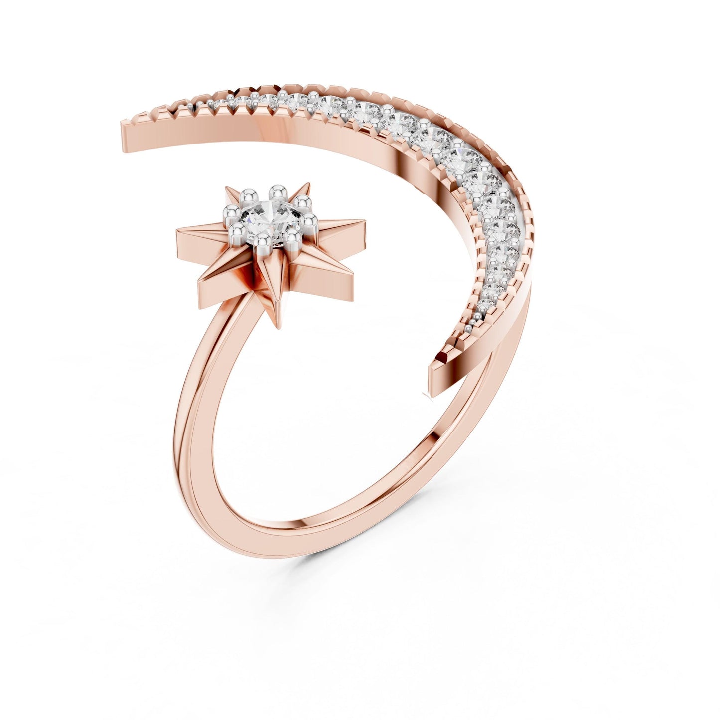 Riora celestial moon and star ring with moissanite and crescent diamond, rose gold astral engagement band displayed on a white background.