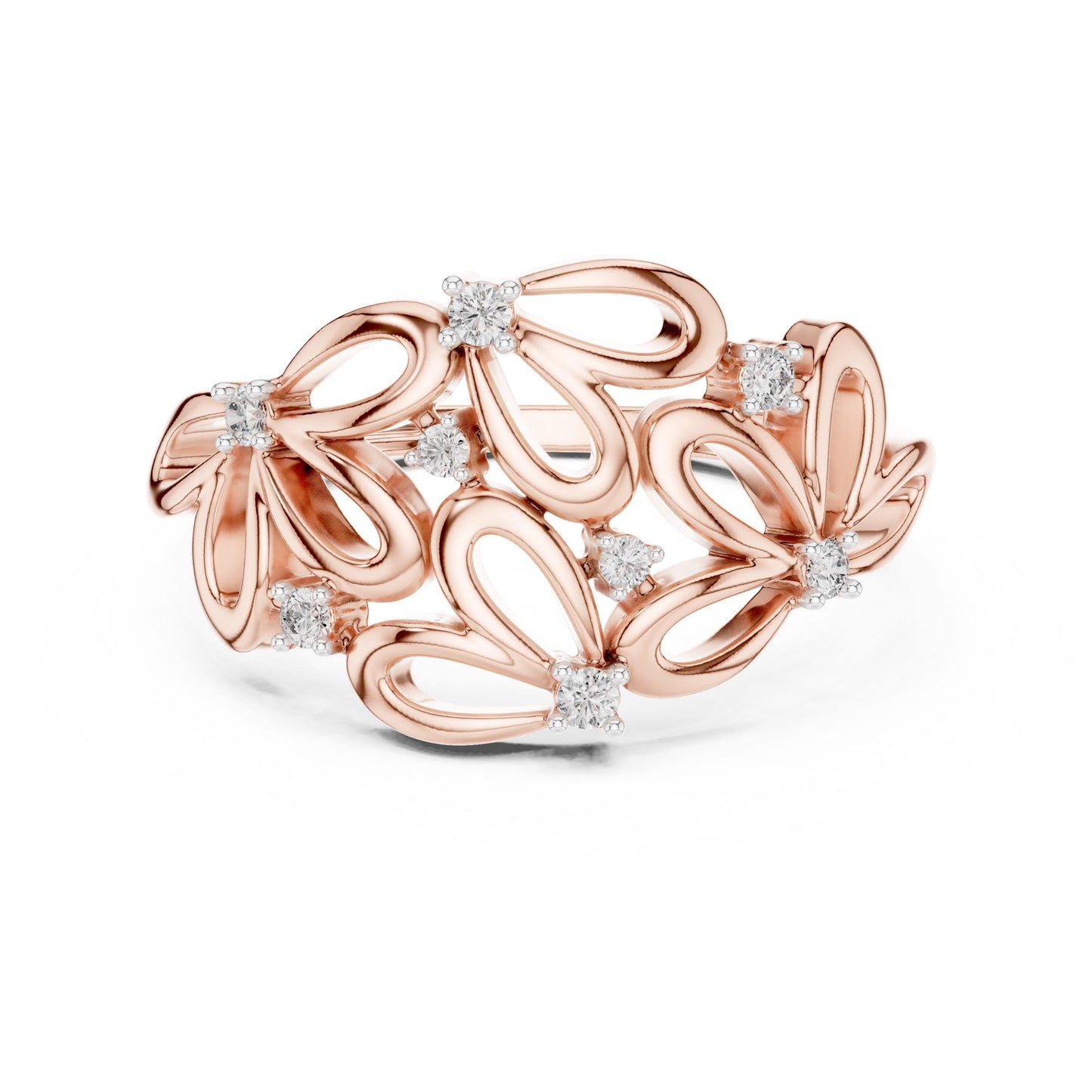 Riora rose gold floral cluster ring with moissanite and diamond accents, vintage-style bridal and anniversary jewelry.