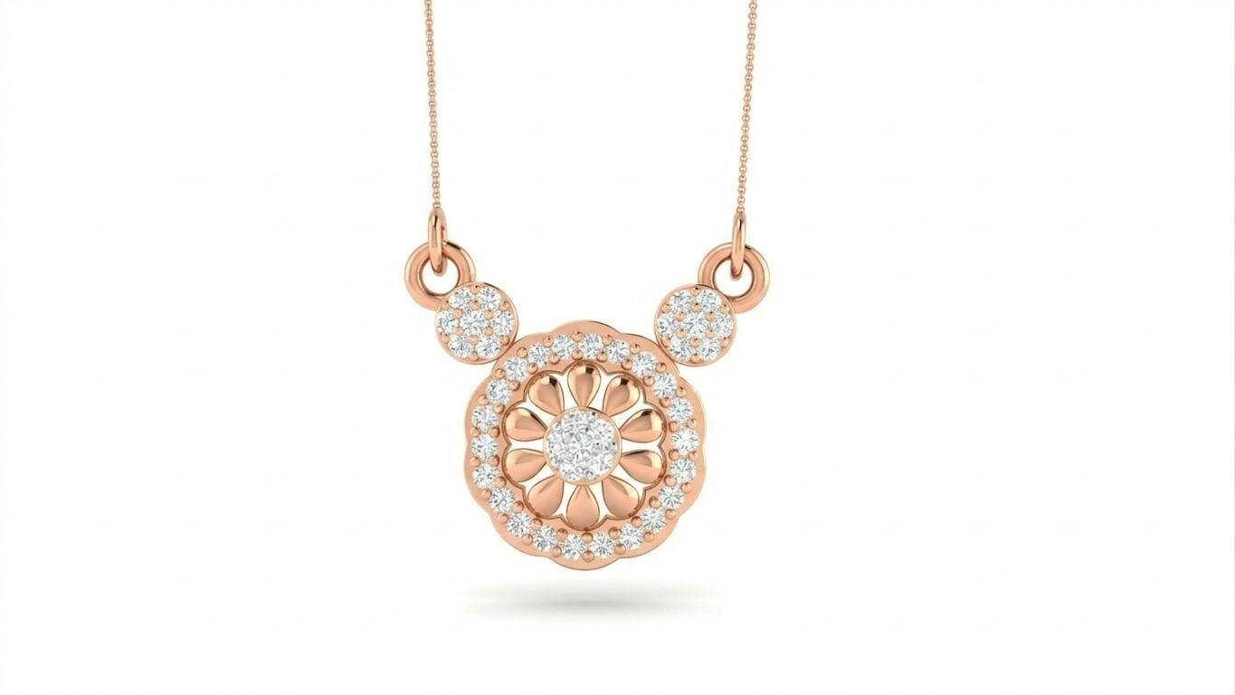 Riora moissanite floral pendant necklace in rose gold with vintage flower design, elegant bridal jewelry for women