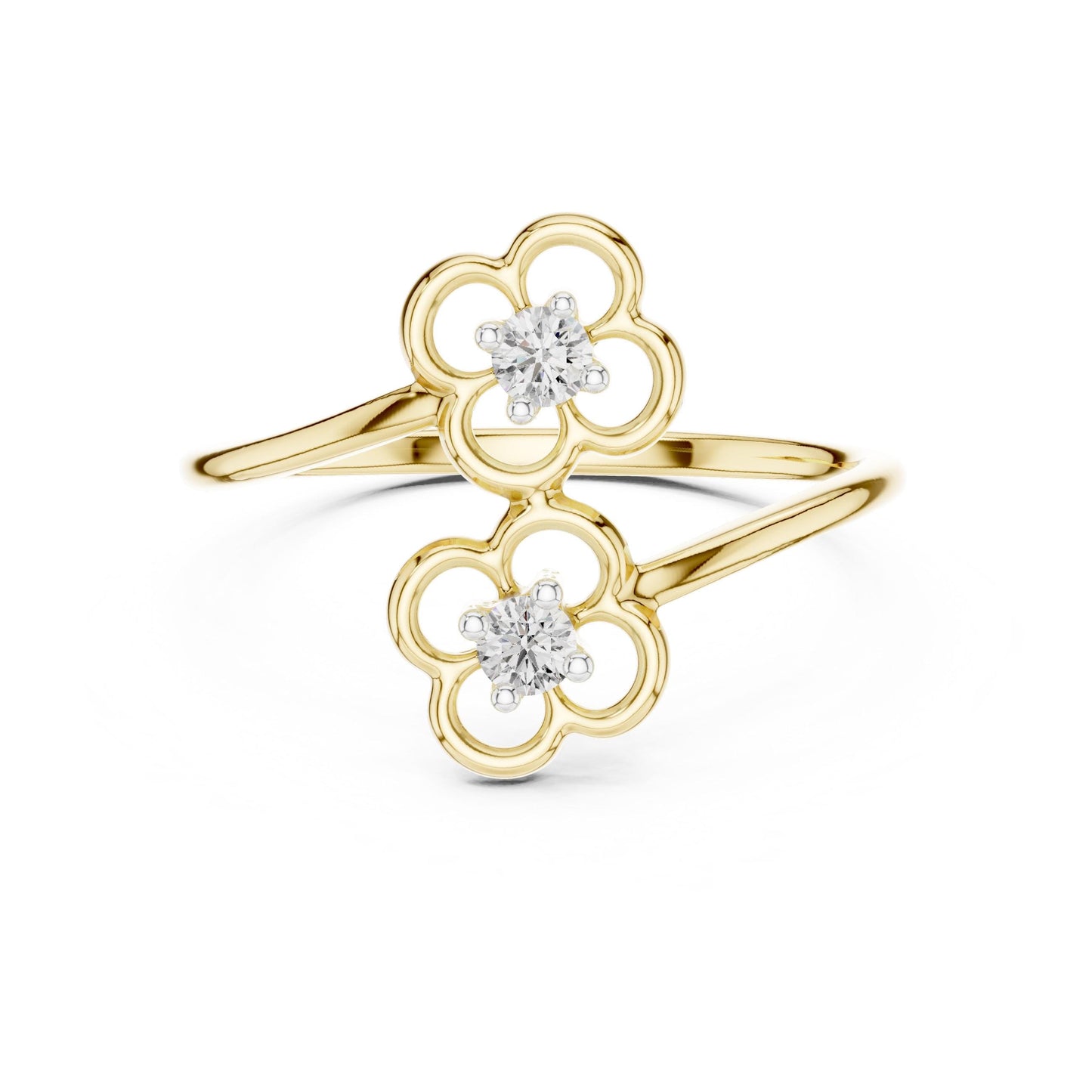 Riora Moissanite double flower ring with open floral design, rose gold band, minimalist and stackable style.