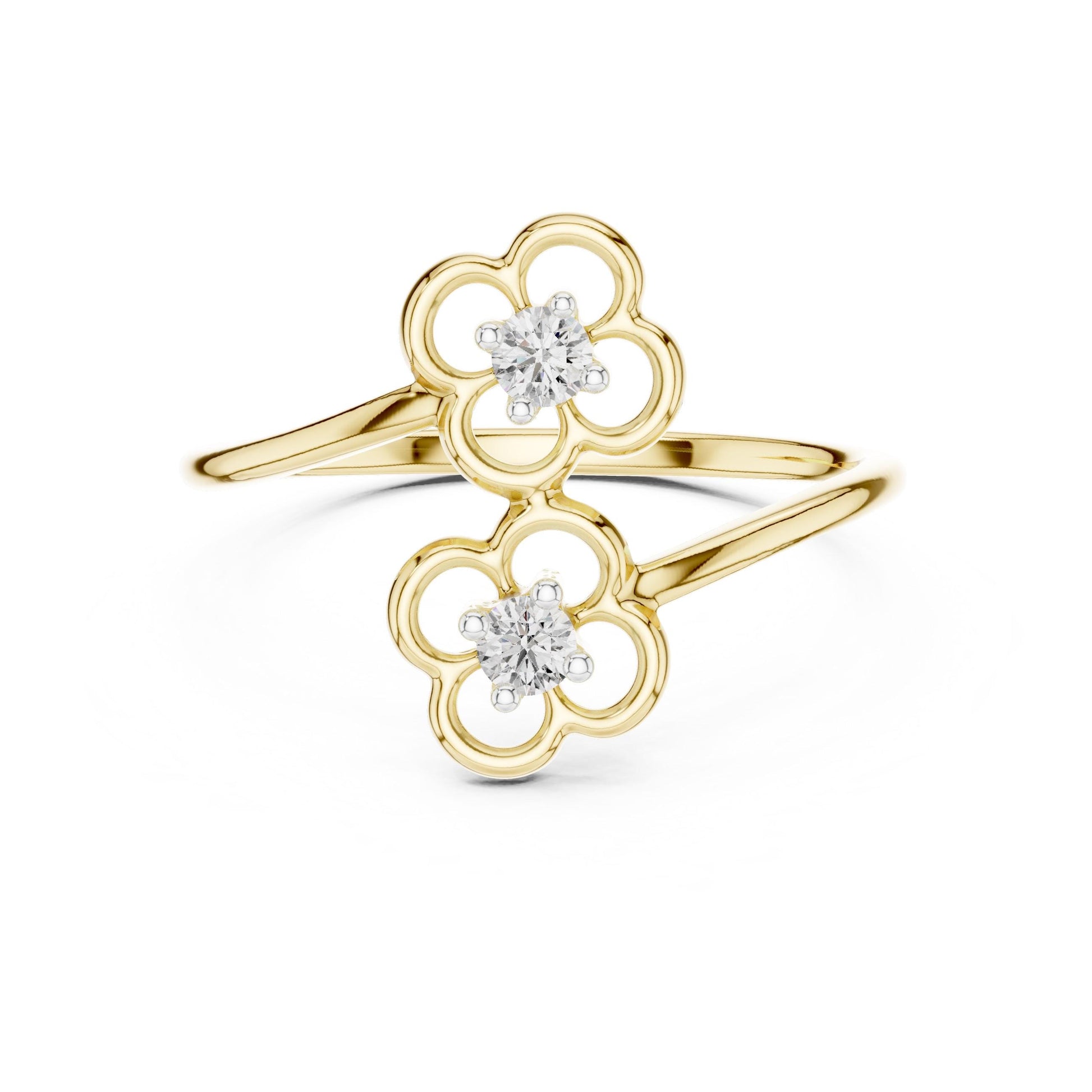 Riora Moissanite double flower ring with open floral design, rose gold band, minimalist and stackable style.