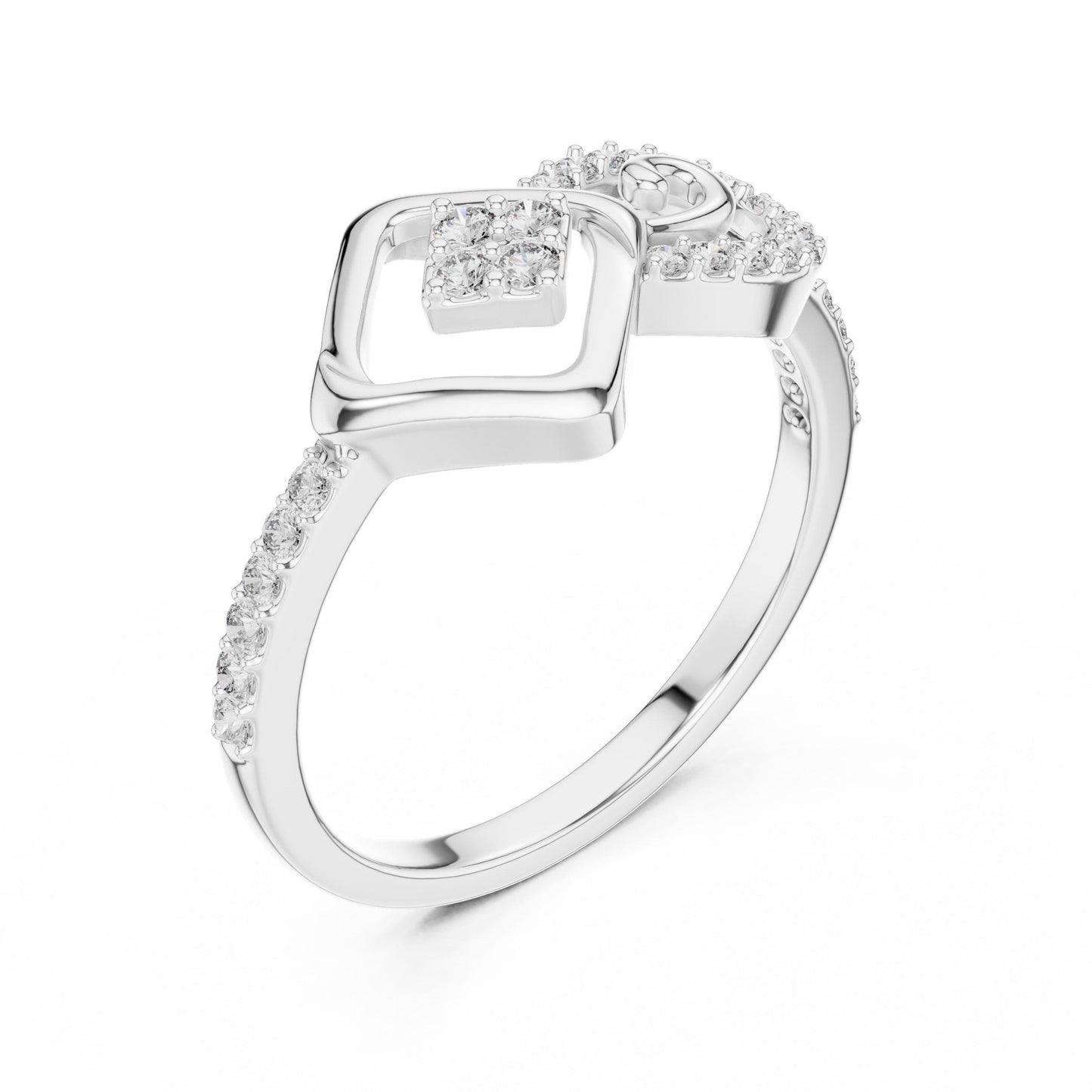 Rose gold geometric swirl moissanite diamond ring by Riora, minimalist design perfect for engagement or promise jewelry.