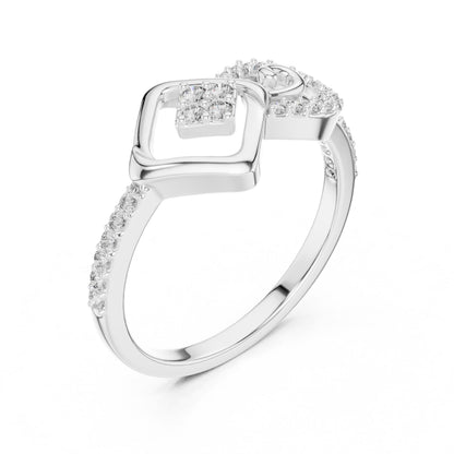 Rose gold geometric swirl moissanite diamond ring by Riora, minimalist design perfect for engagement or promise jewelry.