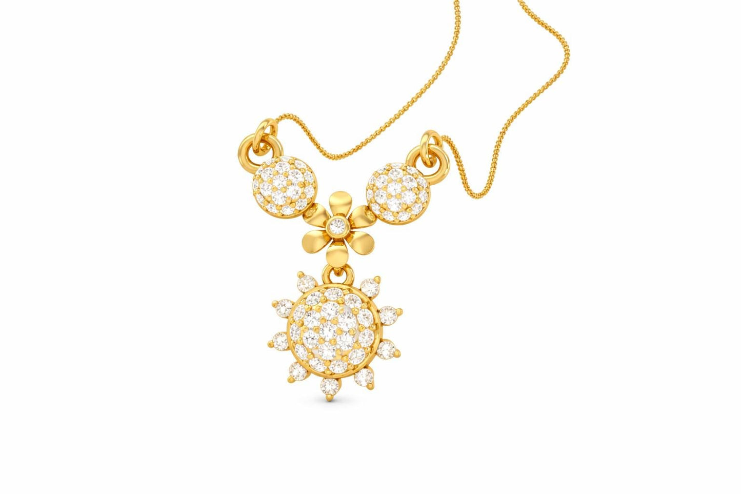 Riora moissanite floral sunburst necklace in gold, rose gold, and silver with dainty bridal jewelry pendant for women