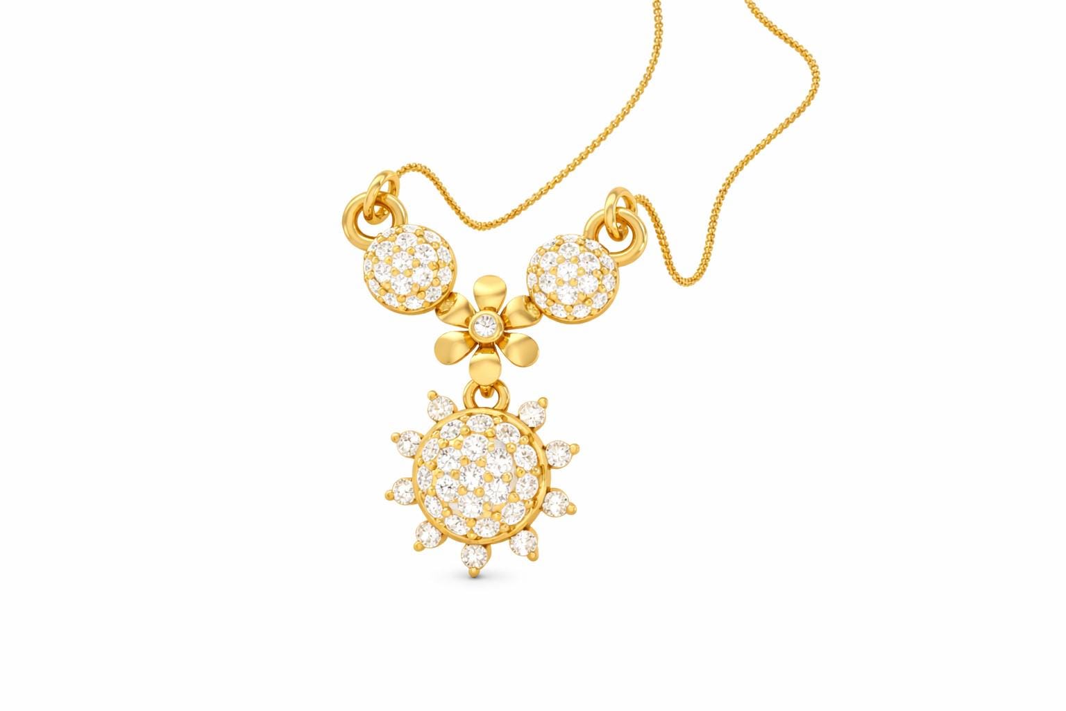 Riora moissanite floral sunburst necklace in gold, rose gold, and silver with dainty bridal jewelry pendant for women