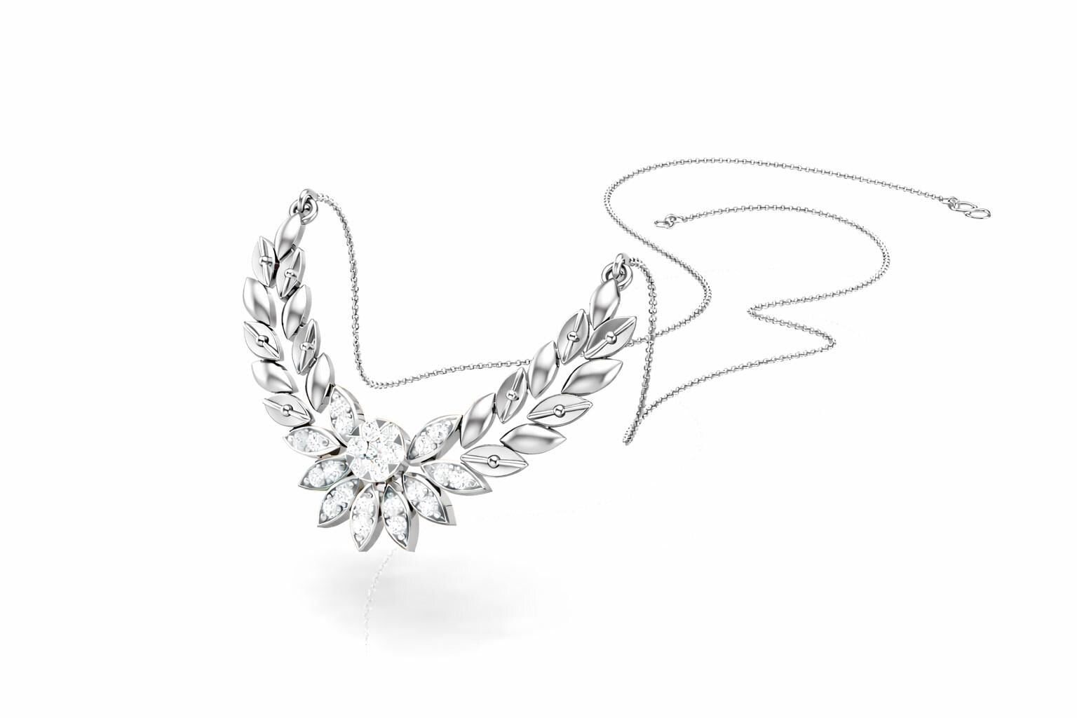 Riora Moissanite Laurel Leaf Necklace in gold and rose gold, minimalist bridal pendant with diamond-style sparkle.
