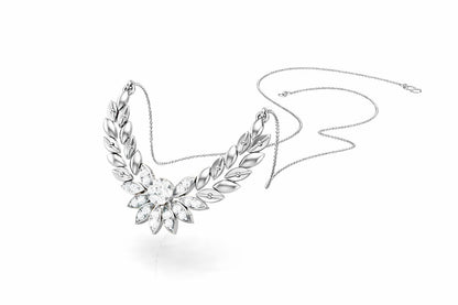 Riora Moissanite Laurel Leaf Necklace in gold and rose gold, minimalist bridal pendant with diamond-style sparkle.