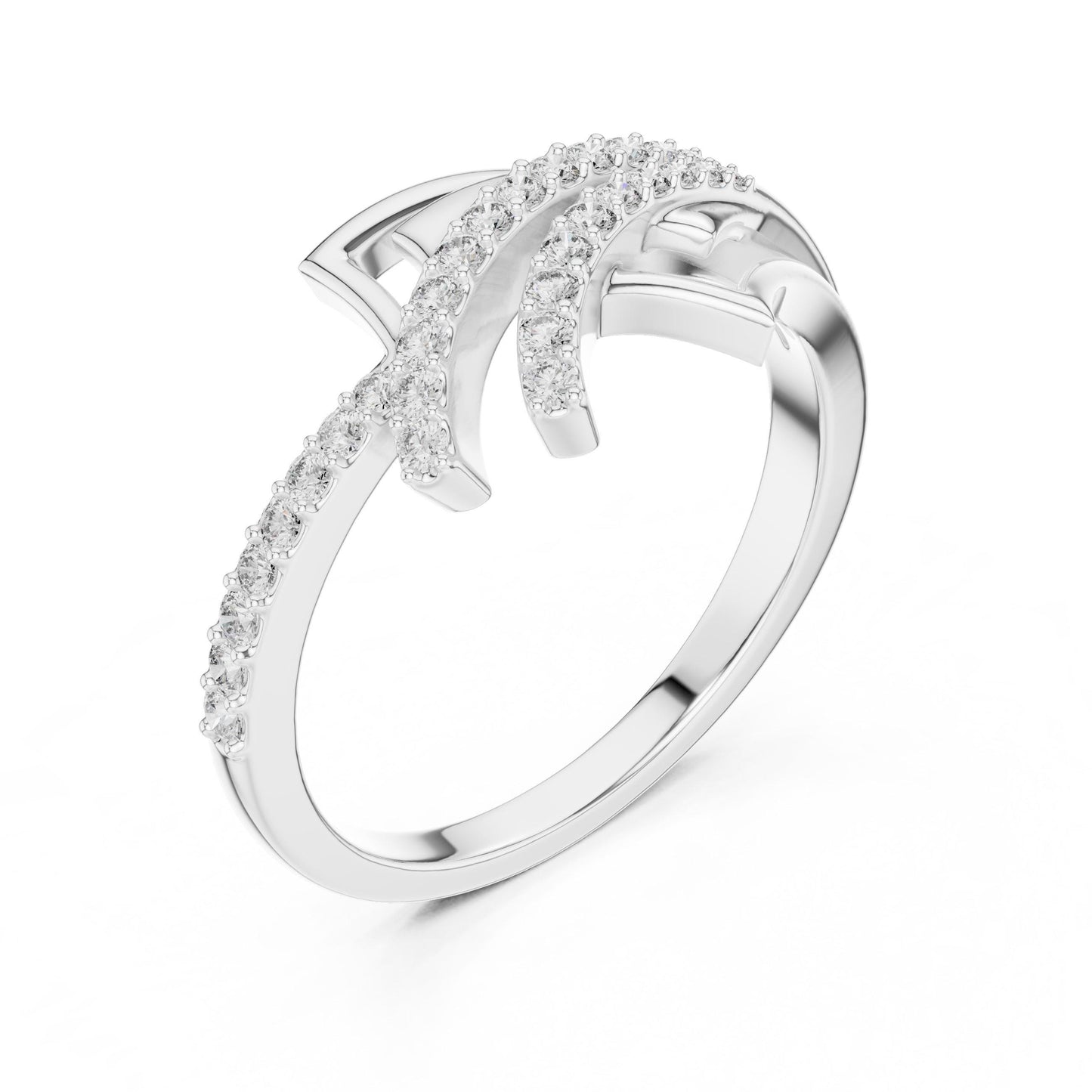 Riora elegant moissanite diamond wave ring in rose gold, minimalist stacking wedding band for women, dainty and stylish jewelry.