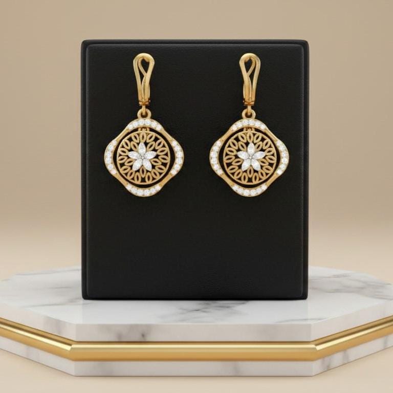 Moissanite Floral Drop Stud Earrings | Hypoallergenic Dangle Studs | Gold, Rose Gold & Silver | Riora