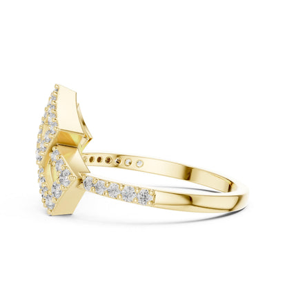 Gold geometric moissanite diamond statement ring by Riora, modern minimalist cocktail jewelry with dainty, luxurious design.