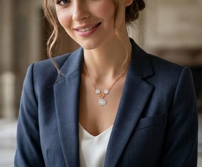 Riora Moissanite floral sunburst necklace in gold, rose gold, and silver with dainty bridal pendant featuring sparkling gemstones.