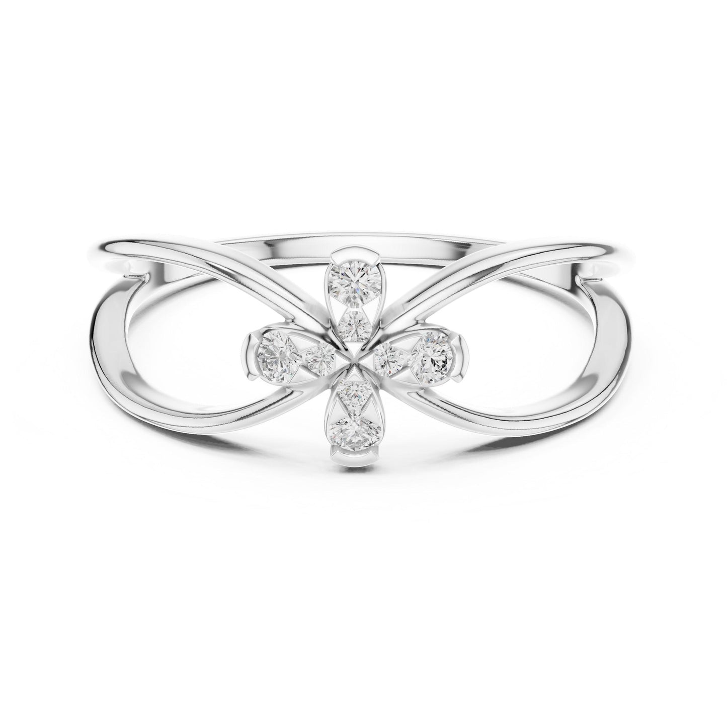 Riora moissanite flower ring with diamond-style floral design in rose gold, minimalist wedding and engagement promise band