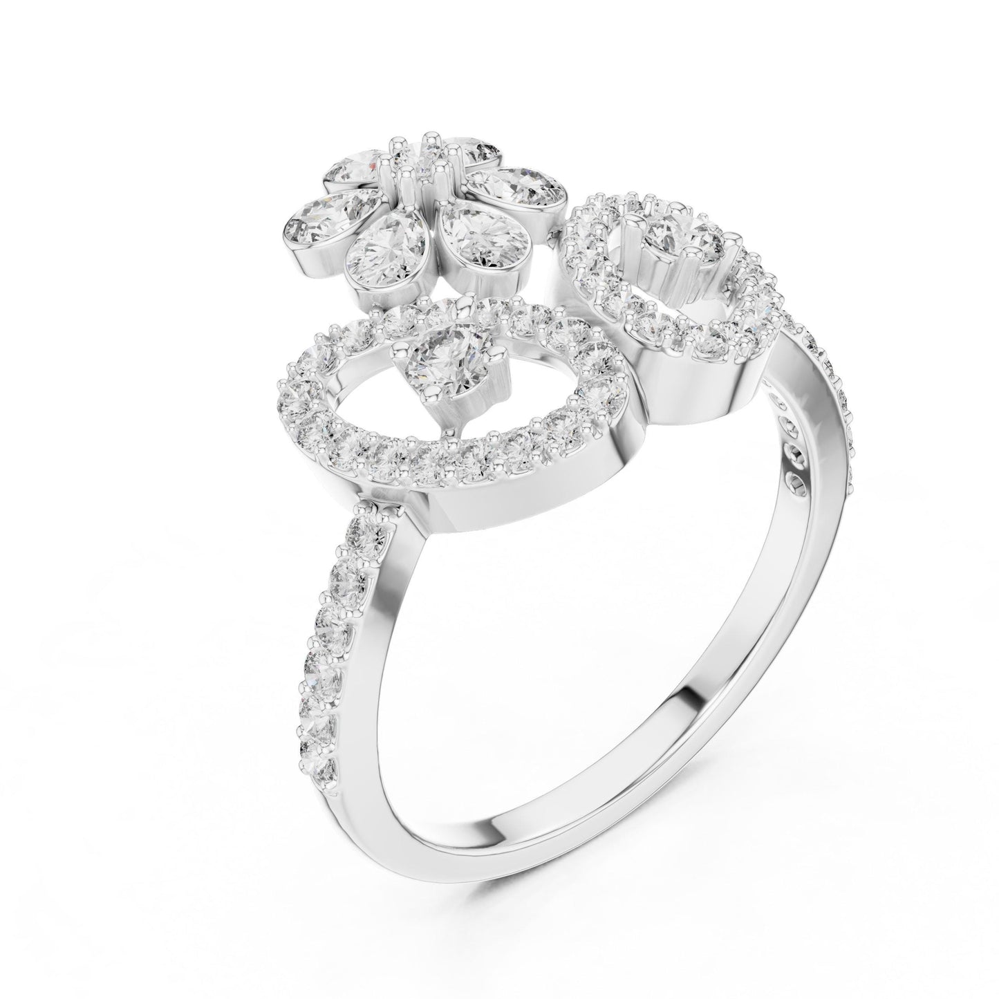 Riora floral halo moissanite diamond crown ring in gold and silver, vintage-inspired bridal engagement promise band with intricate floral design