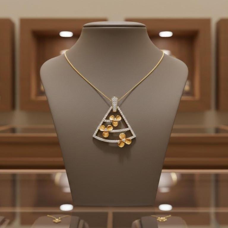 Moissanite Triangle Pendant Necklace in Gold Rose Silver | Floral Geometric Charm | 22in Adjustable Chain