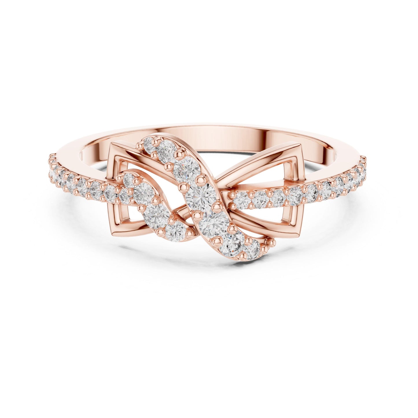 Riora Infinity Knot Moissanite diamond ring in gold and rose gold, minimalist dainty wedding promise band jewelry.