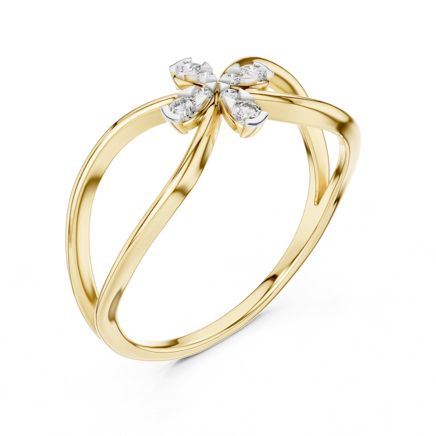 Riora moissanite flower ring in rose gold featuring diamond-style floral design, minimalist wedding and engagement band.