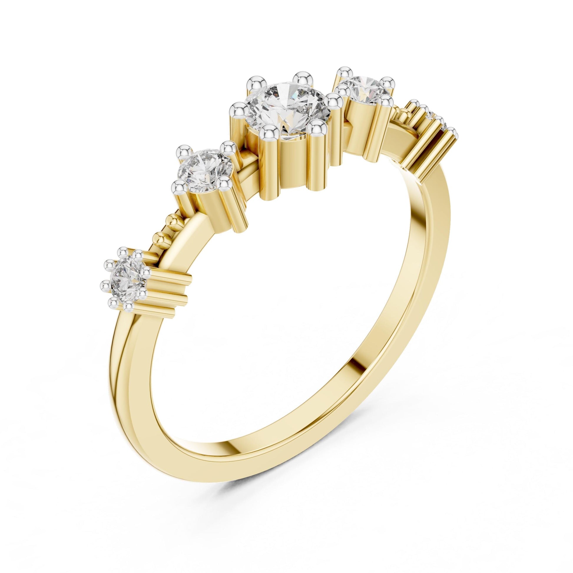 Riora moissanite five stone vintage crown prong engagement ring with rose gold finish, minimalist anniversary band for women.