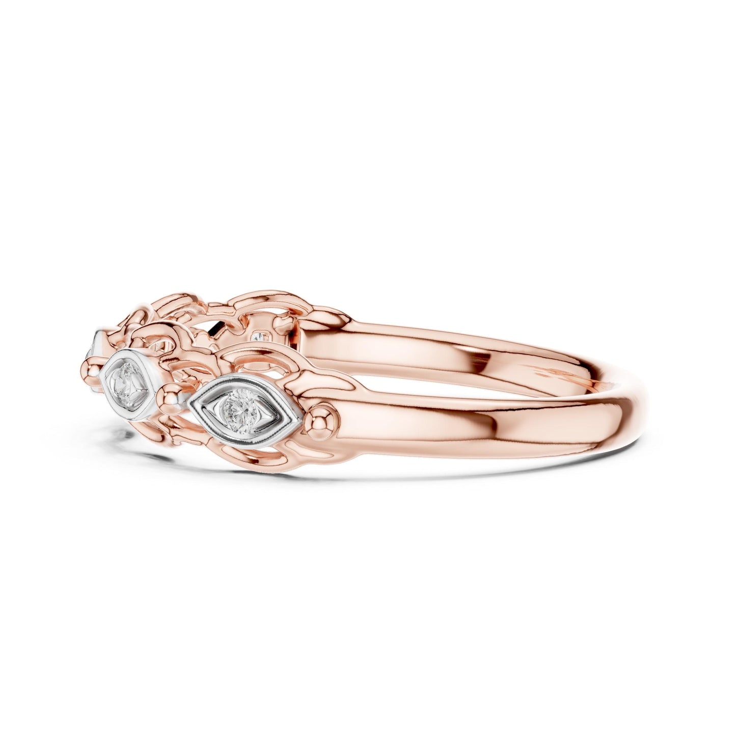 Vintage moissanite wedding band in rose gold featuring marquise-shaped stones and art deco design, perfect for anniversaries.