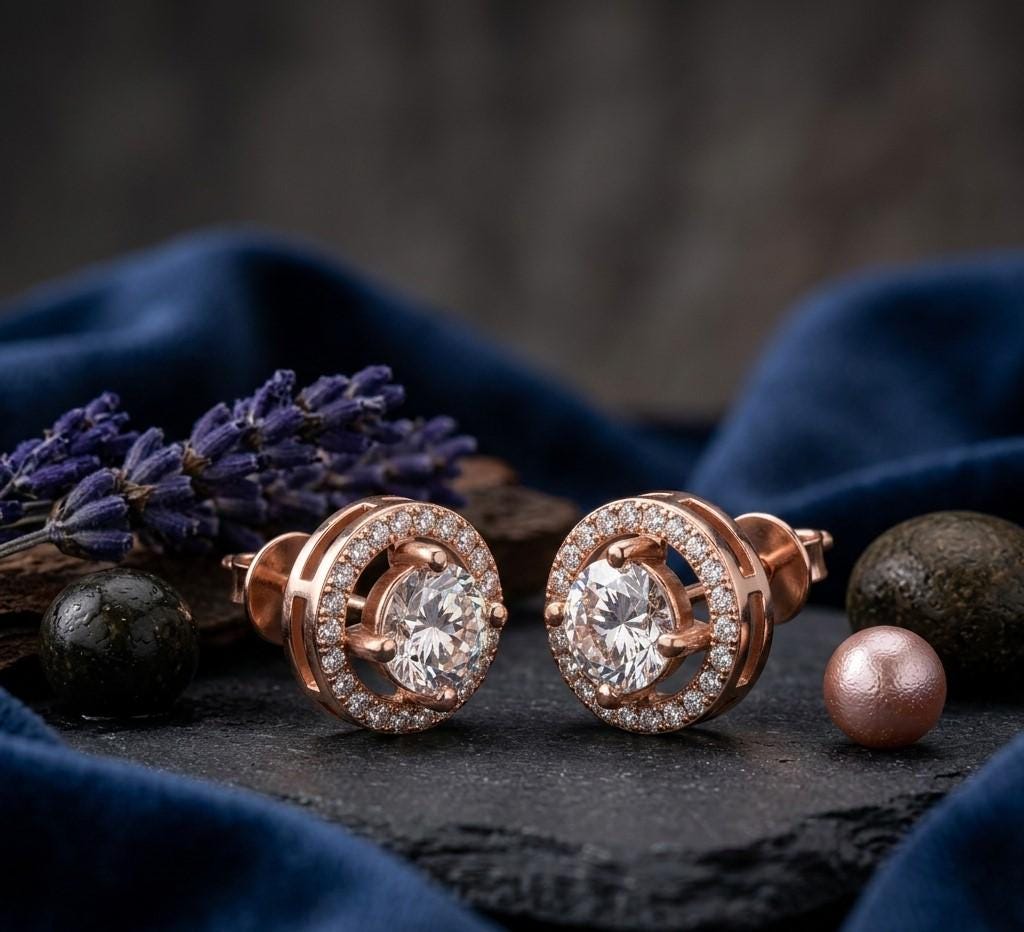 Riora 6.5mm moissanite diamond halo stud earrings in gold and rose gold, perfect for bridal or wedding jewelry.