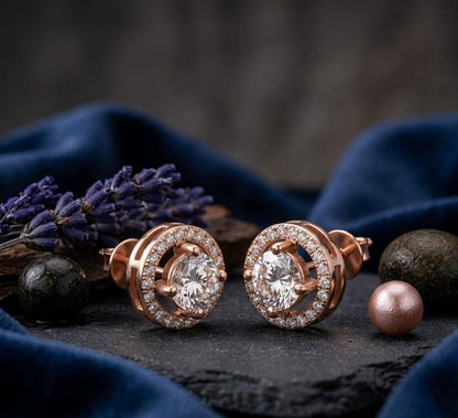 Riora 6.5mm moissanite diamond halo stud earrings in gold and rose gold, perfect for bridal or wedding jewelry.