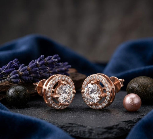 Riora 6.5mm moissanite diamond halo stud earrings in gold and rose gold, perfect for bridal or wedding jewelry.