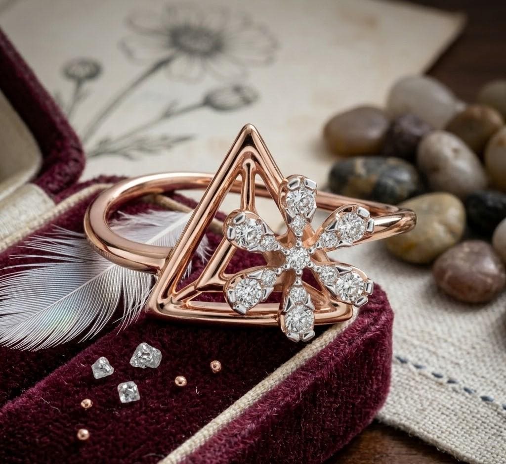Riora Moissanite flower triangle ring with geometric floral design, gold rose gold band, minimalist engagement style.