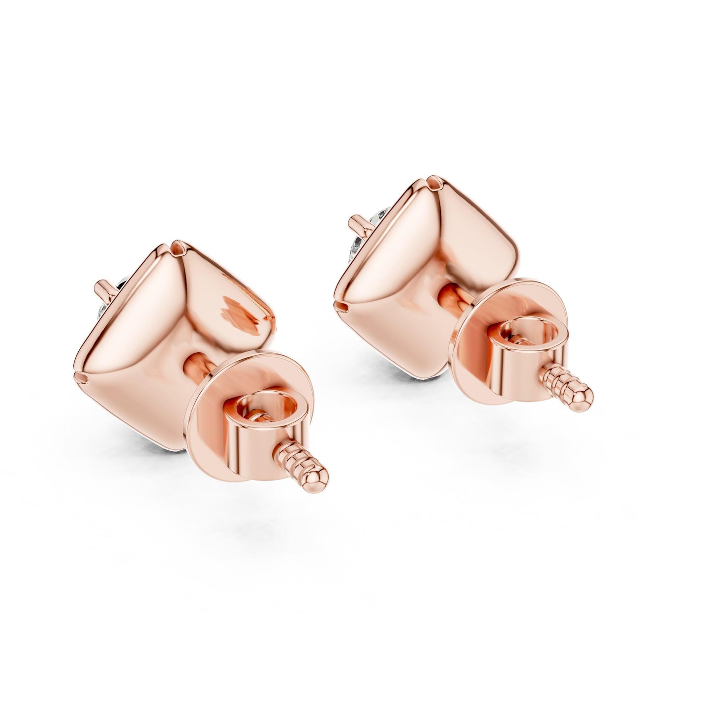 Riora moissanite diamond stud earrings in rose gold, gold, and silver, minimalist bridal wedding jewelry with elegant gemstone settings.