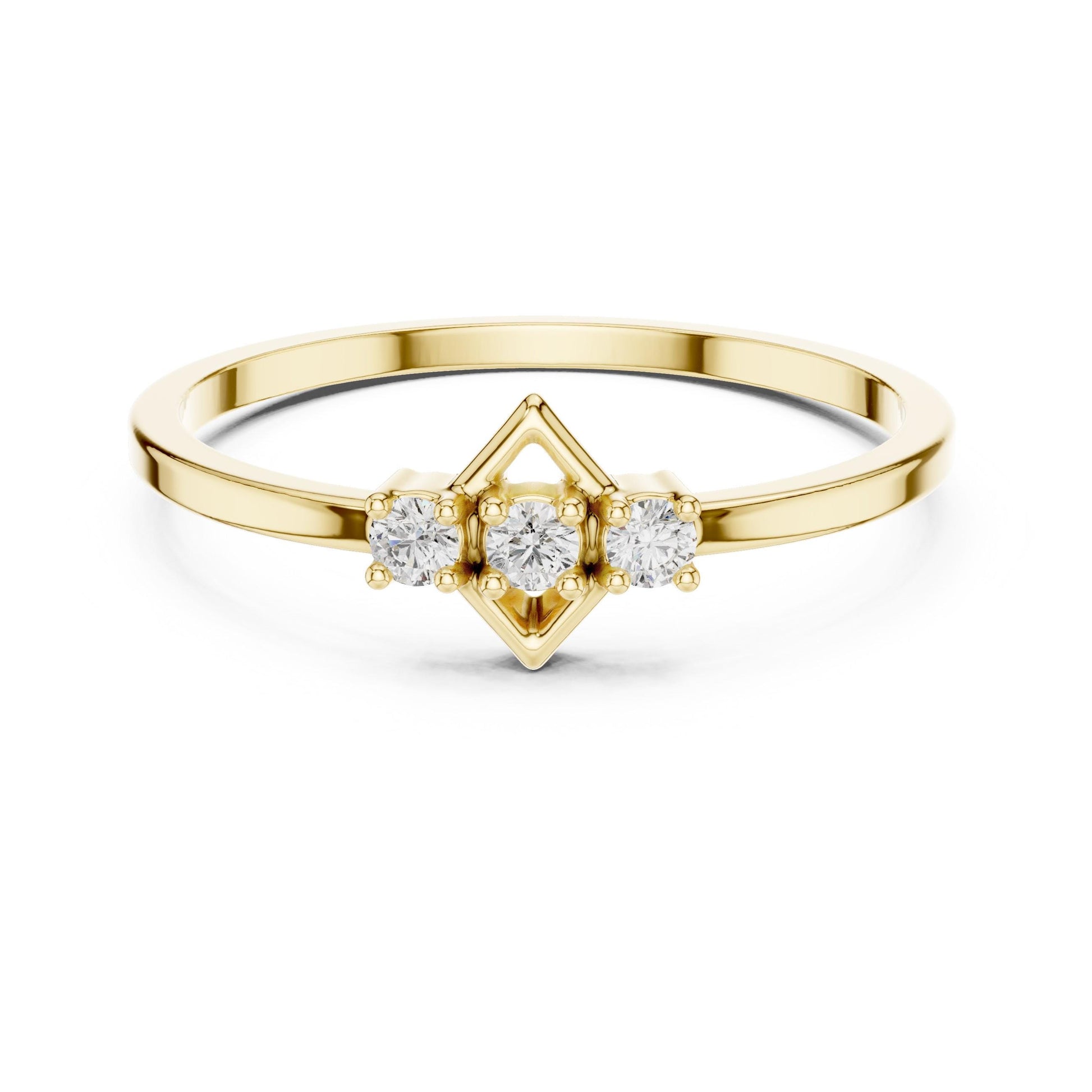 Rose gold three stone moissanite diamond ring featuring minimalist design, perfect for engagement or anniversary jewelry.