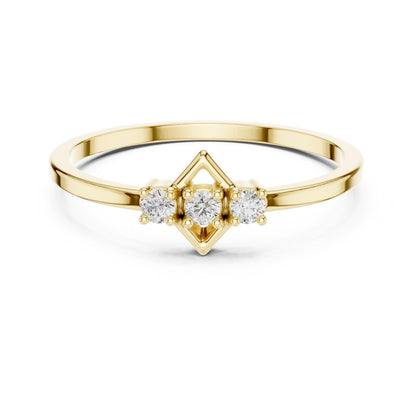 Rose gold three stone moissanite diamond ring featuring minimalist design, perfect for engagement or anniversary jewelry.