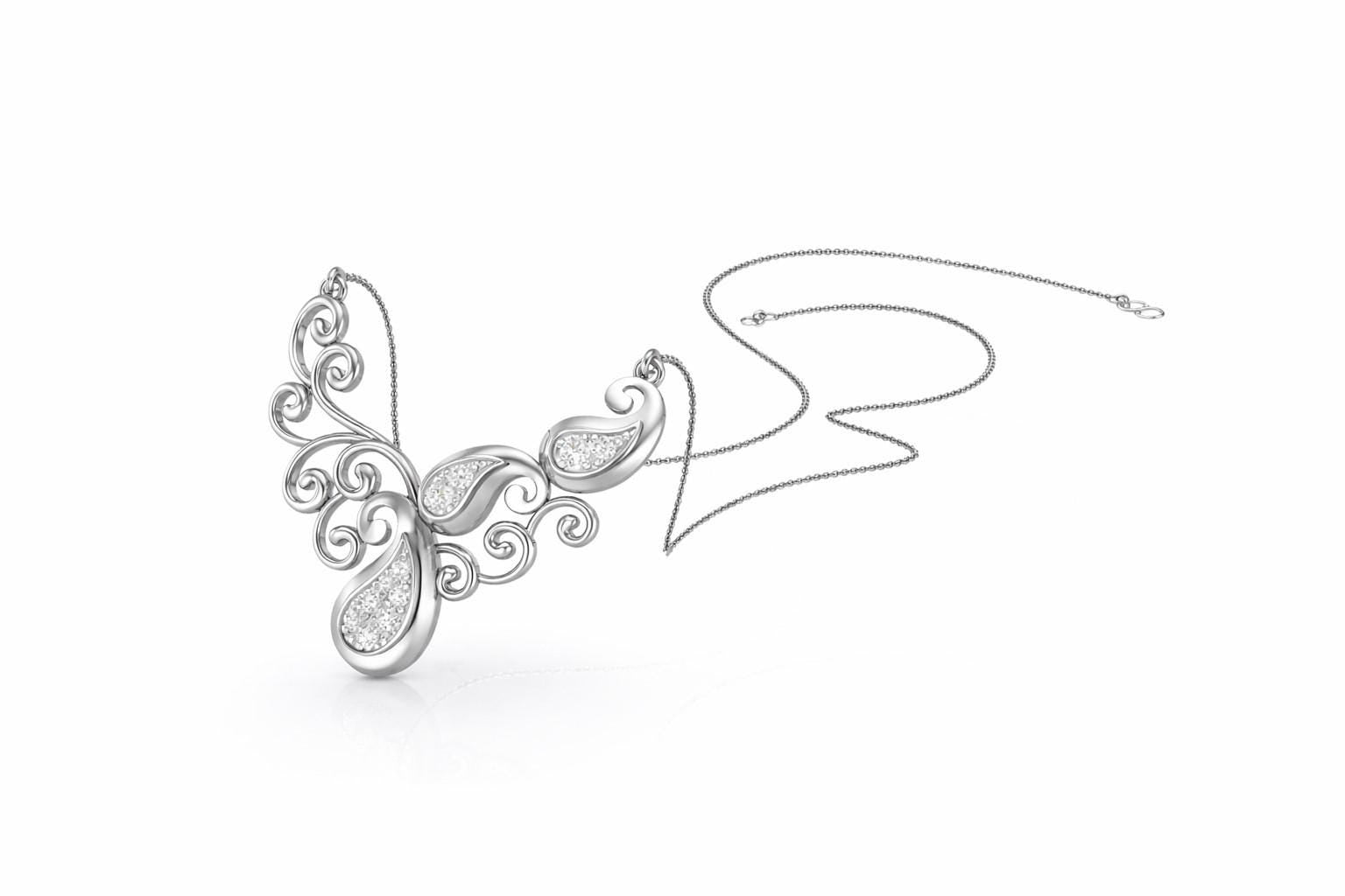 Riora vintage moissanite scroll necklace with rose gold and silver finish, bridal statement pendant jewelry.