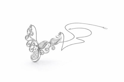 Riora vintage moissanite scroll necklace with rose gold and silver finish, bridal statement pendant jewelry.