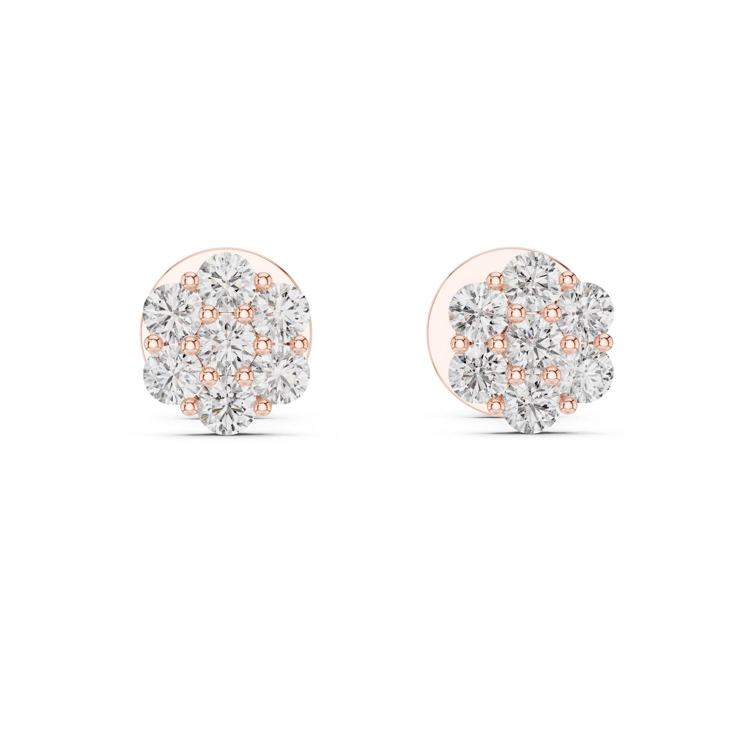 Riora moissanite diamond cluster stud earrings in gold and rose gold, minimalist bridal jewelry, elegant everyday luxury.