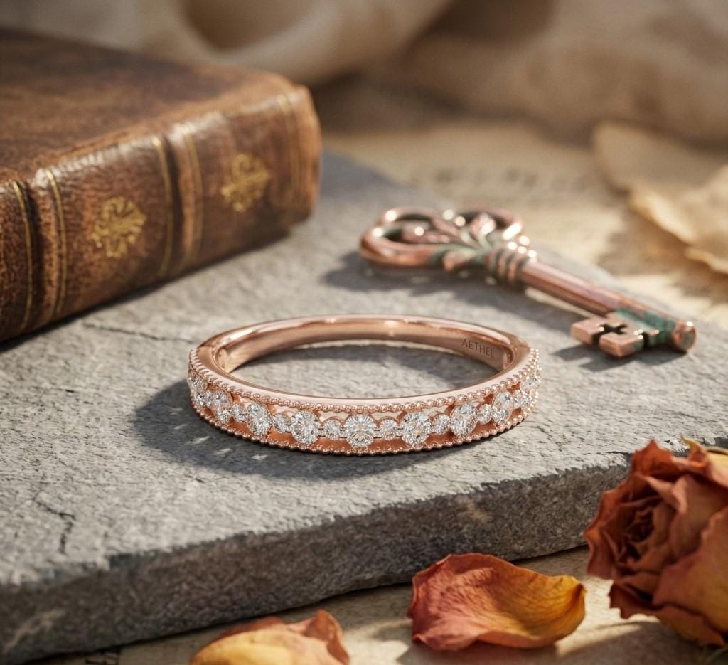 Riora moissanite eternity wedding band in rose gold, silver, and gold with sparkling stones, stackable anniversary bridal ring