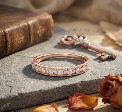 Riora moissanite eternity wedding band in rose gold, silver, and gold with sparkling stones, stackable anniversary bridal ring