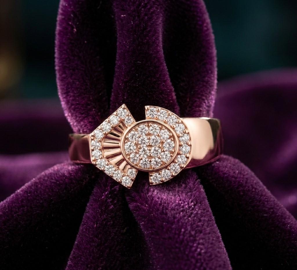 Riora luxury moissanite diamond rose gold statement ring with bold bridal band and engagement jewelry design.