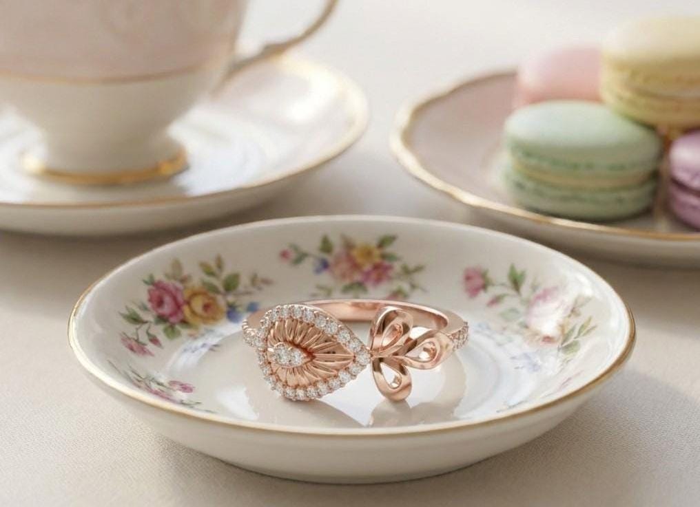 Vintage eye-shaped bow ring by Riora featuring moissanite and diamond accents, dainty evil band for women’s jewelry.