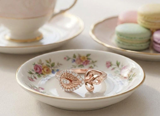 Vintage eye-shaped bow ring by Riora featuring moissanite and diamond accents, dainty evil band for women’s jewelry.